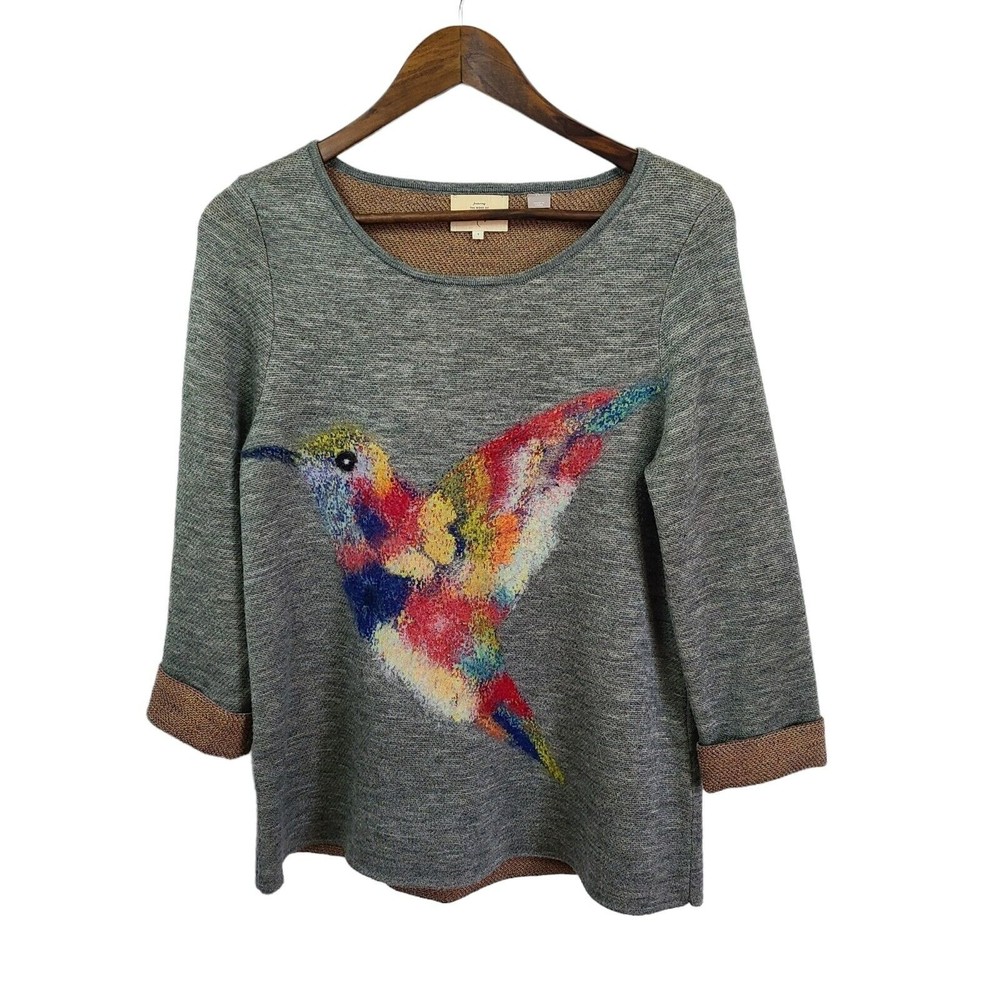 Starla Hoffman Anthropologie Wool Blend Bird Print  Scoop Neck Sweater Small
